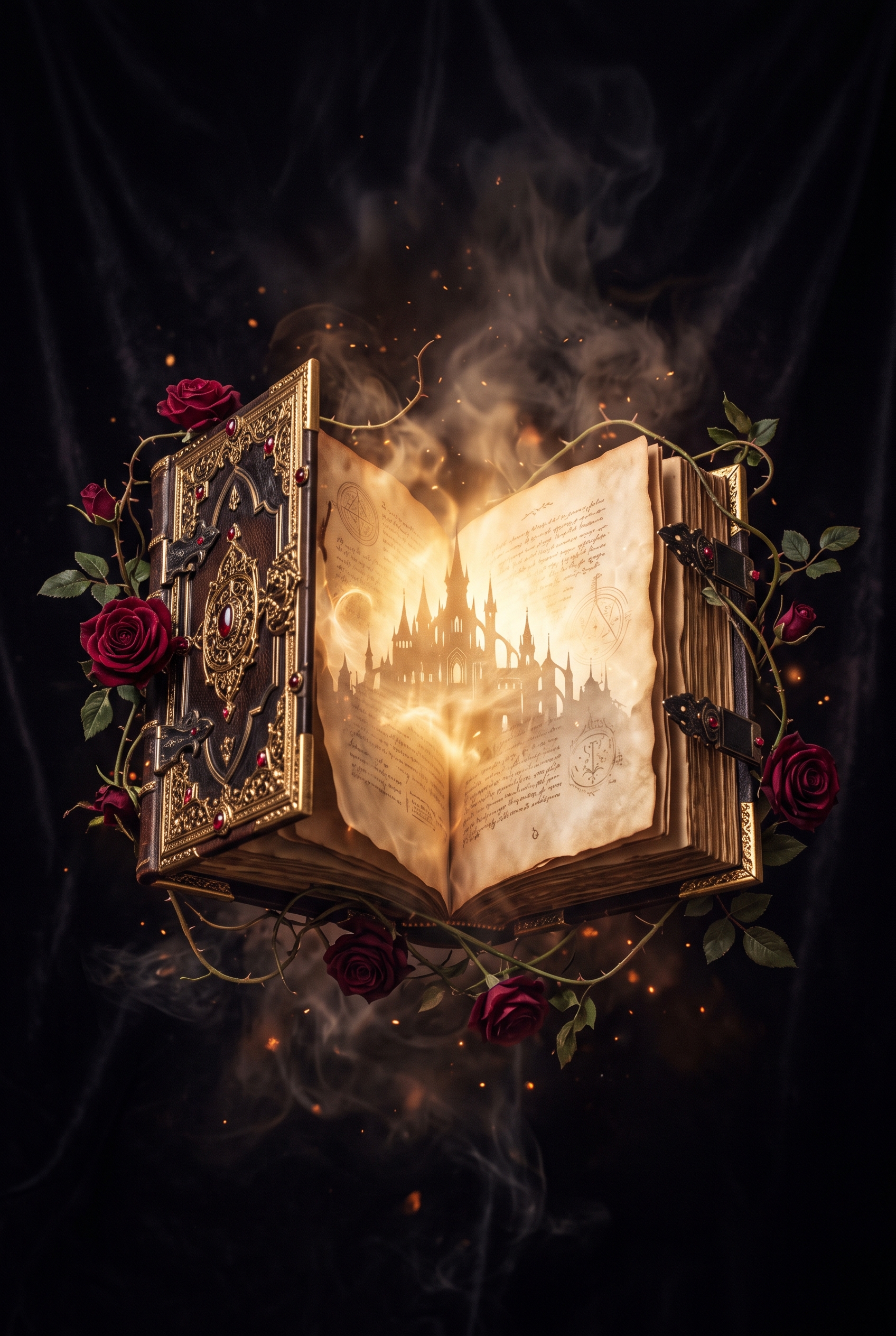 A forbidden book opening into another realm